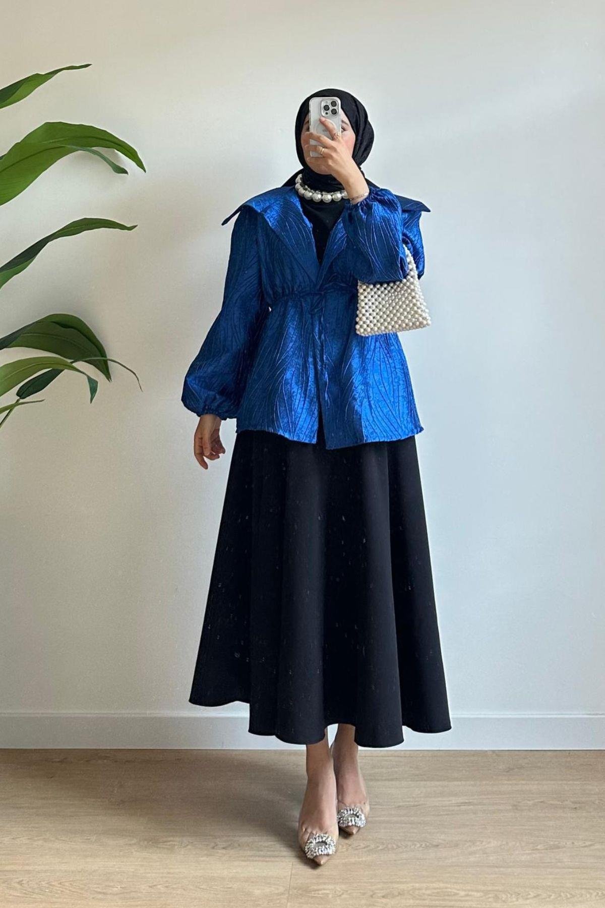 SAKS MAVİ JAKARLI CEKET