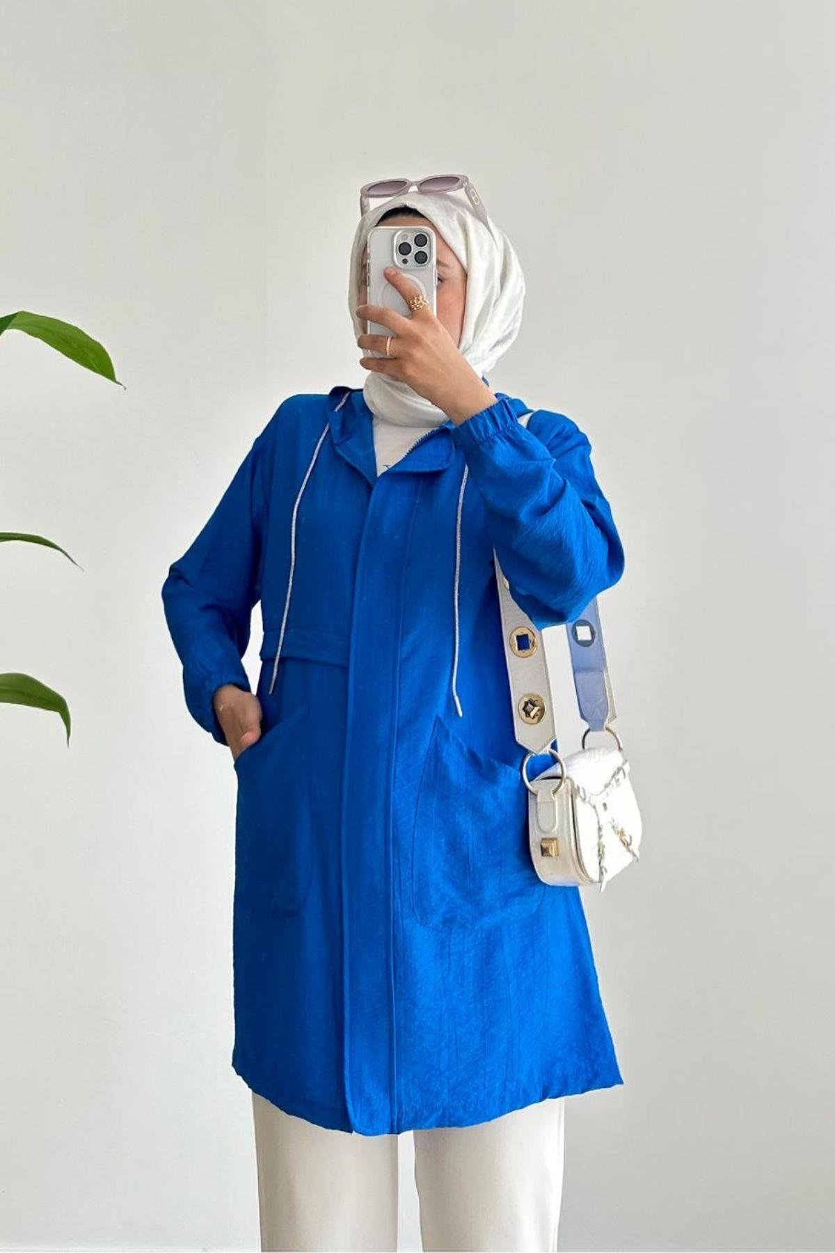 SAKS MAVİ TAŞ İP DETAYLI CEKET