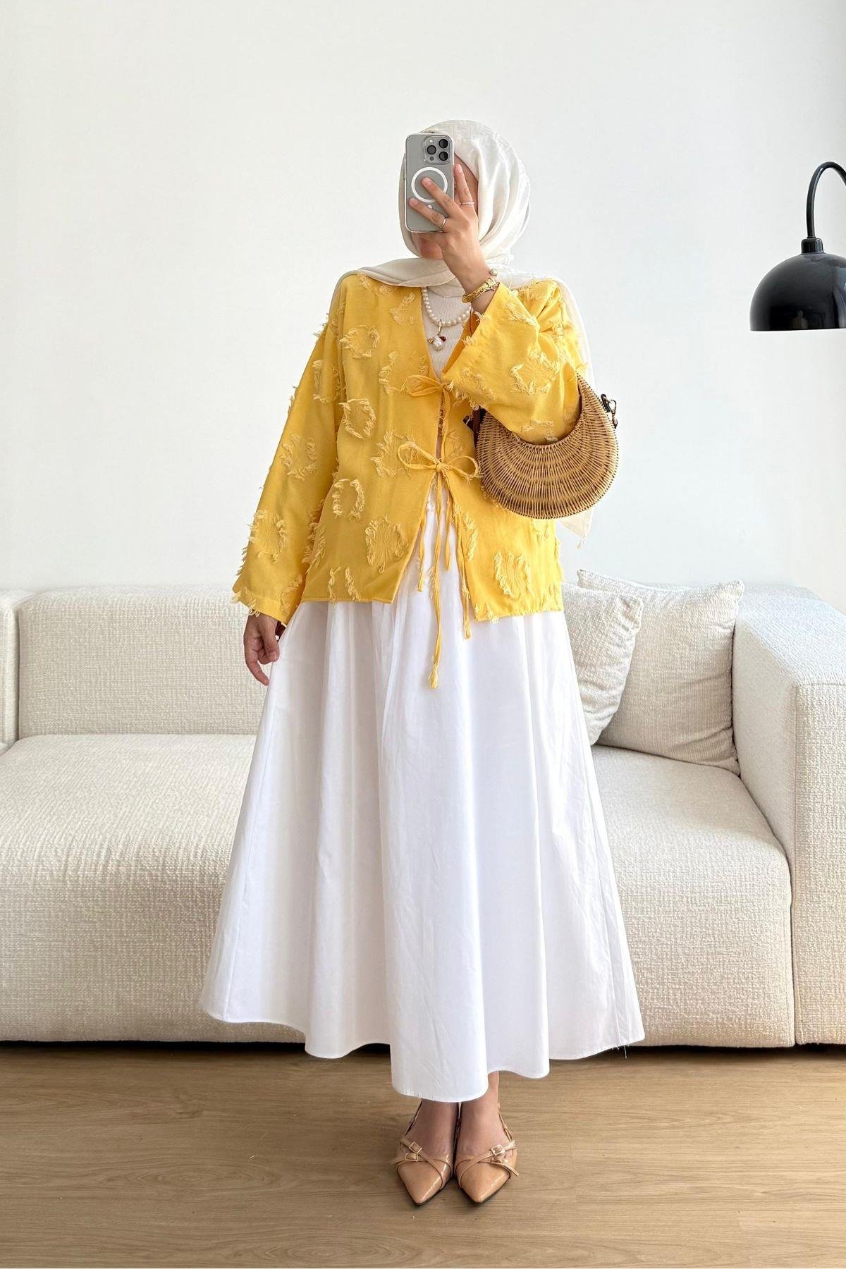 SARI İKİ BAĞCIKLI TASARIM KİMONO