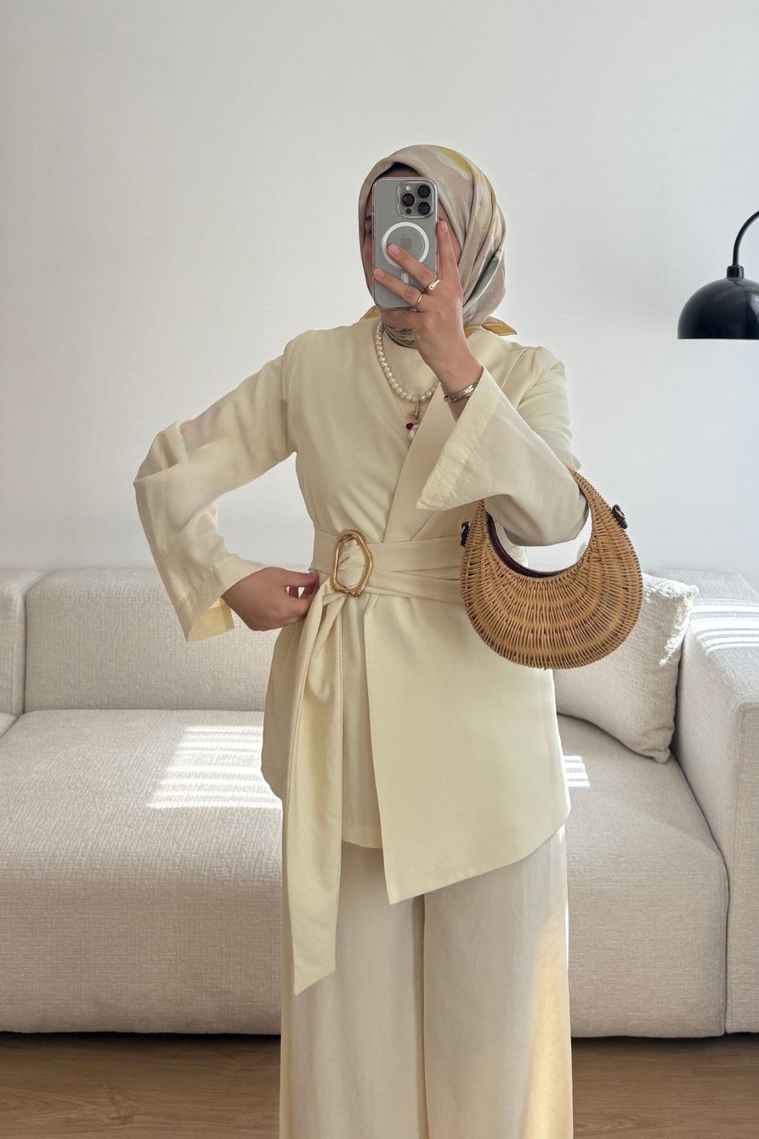 SARI KETEN TOKALI BLAZER TASARIMLI TAKIM