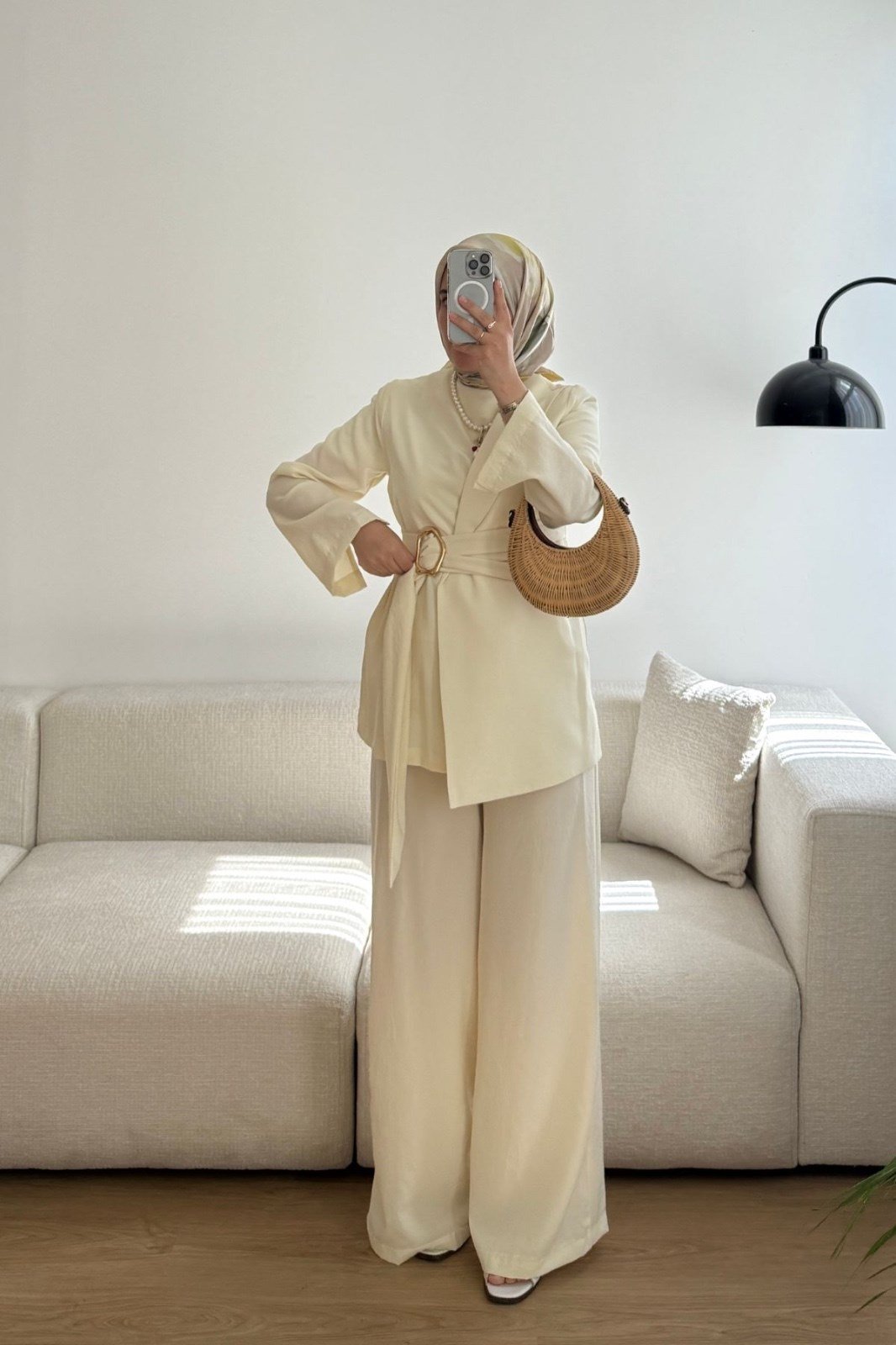 SARI KETEN TOKALI BLAZER TASARIMLI TAKIM