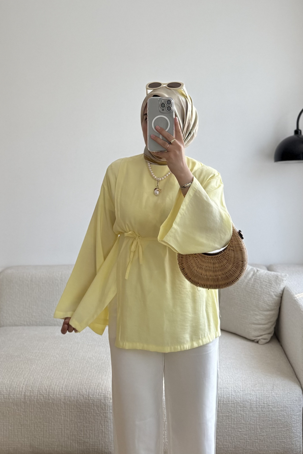 SARI SARA TEK YANI PİLE DETAYLI TUNİK
