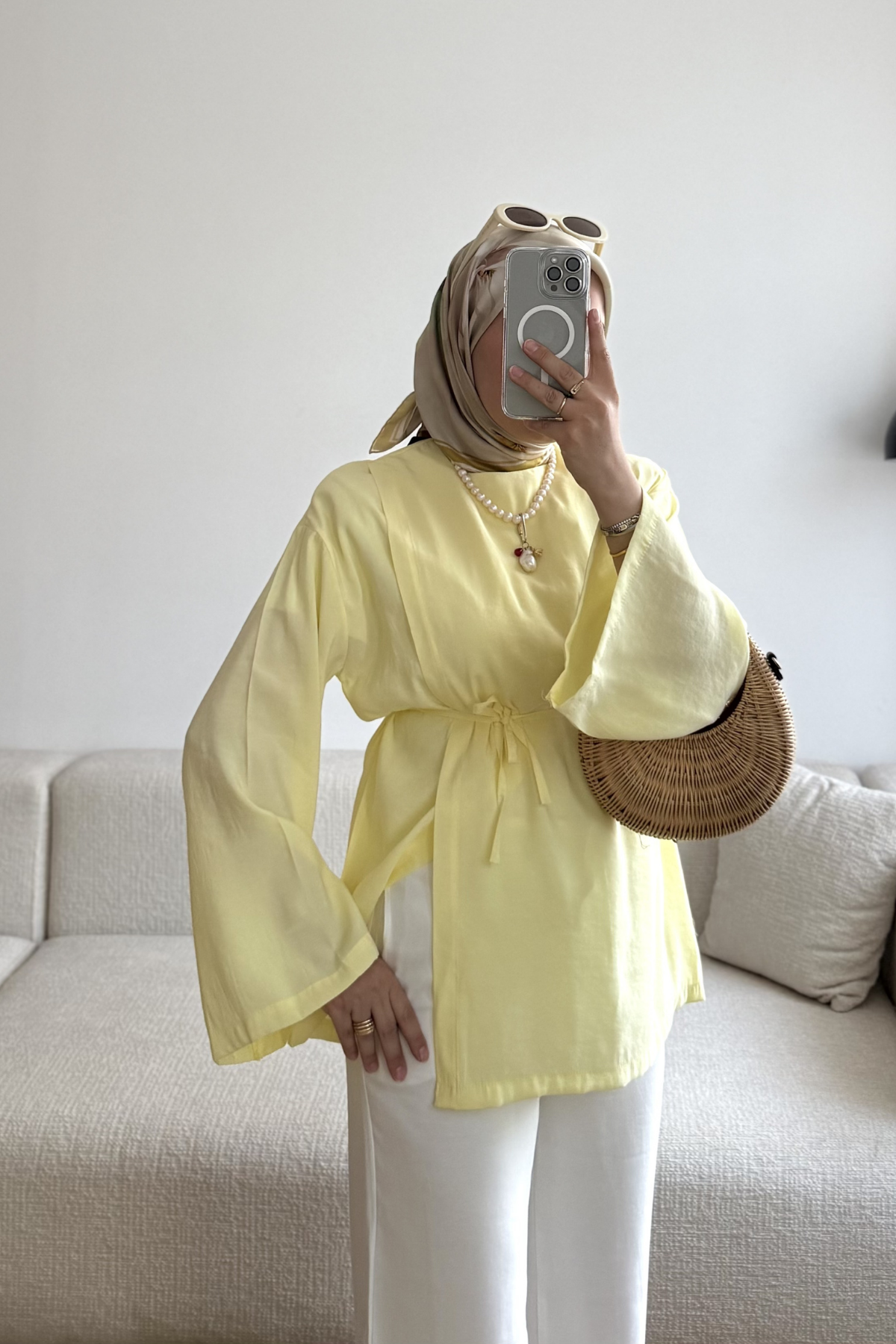 SARI SARA TEK YANI PİLE DETAYLI TUNİK