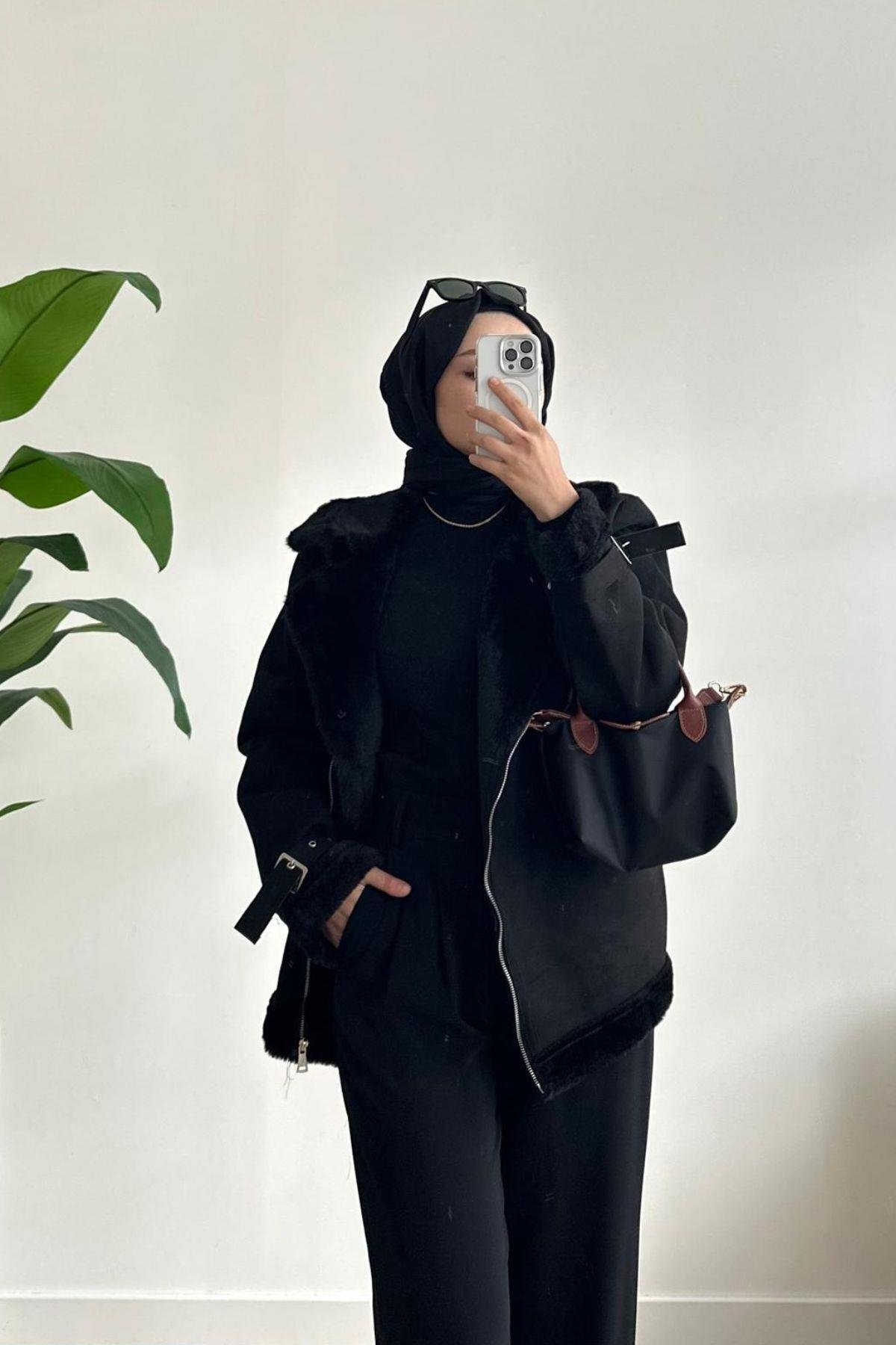 SİYAH İÇİ KÜRKLÜ NUBUK BİKER MONT