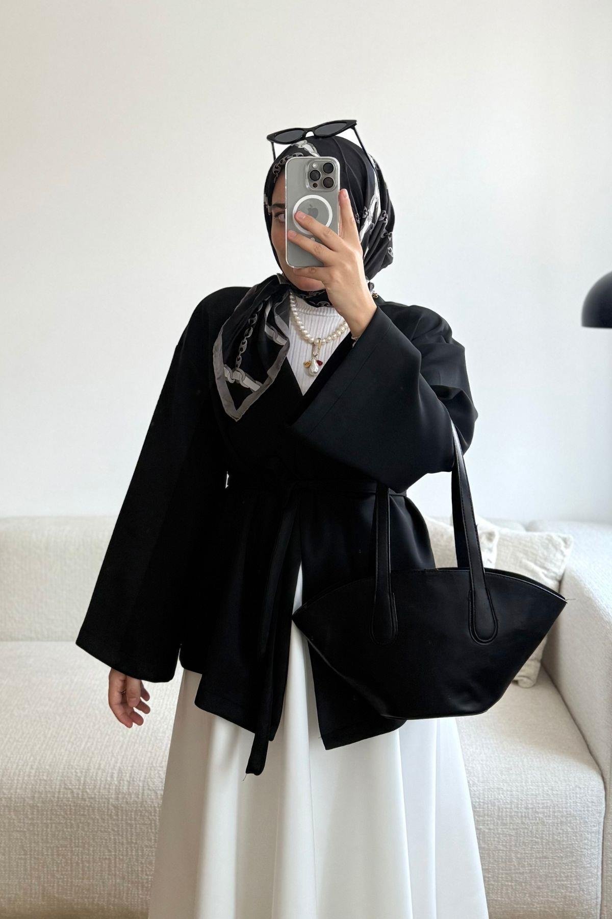 SİYAH SCUBA KUŞAKLI KİMONO