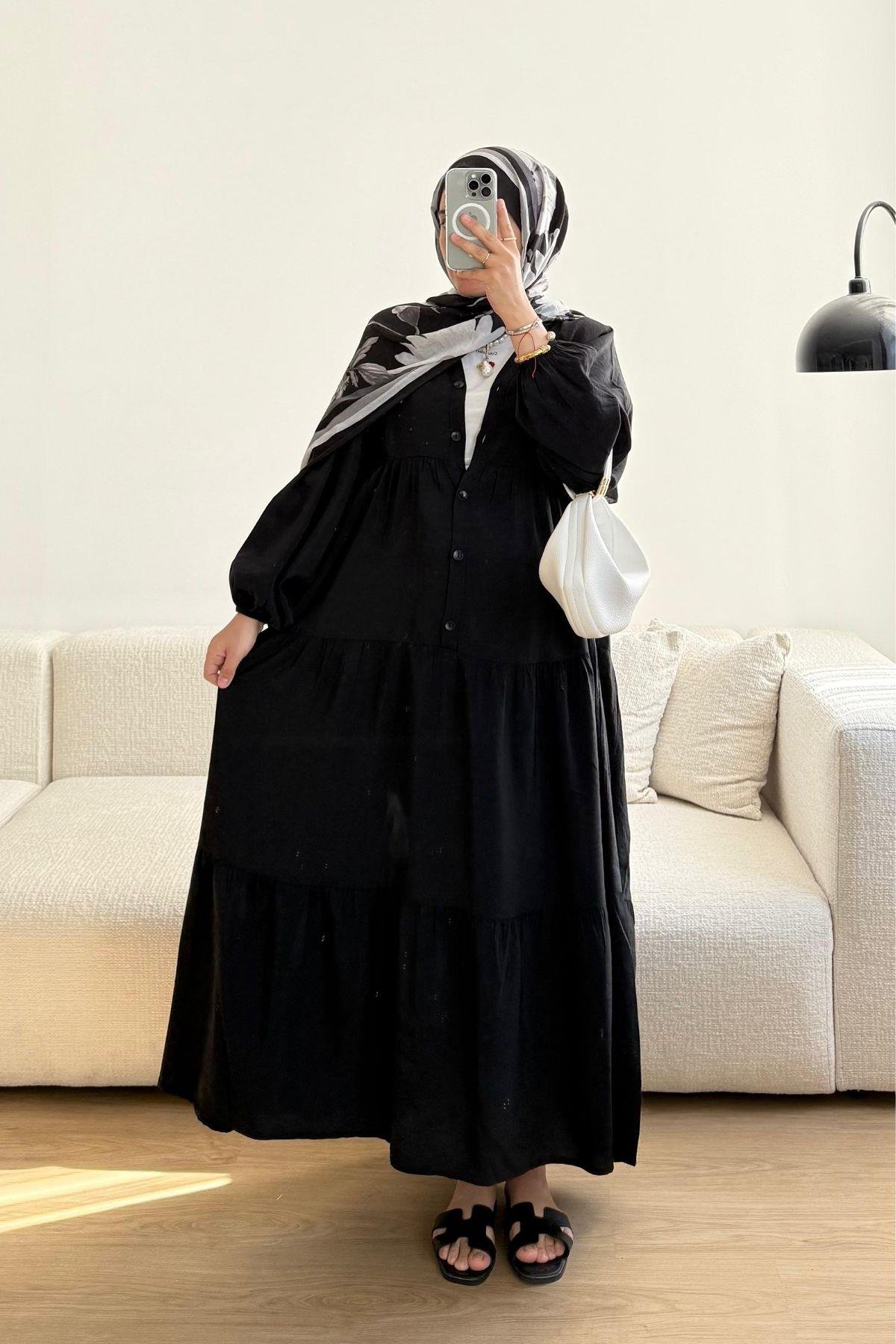 SİYAH TENSEL KUMAŞ  ELBİSE 