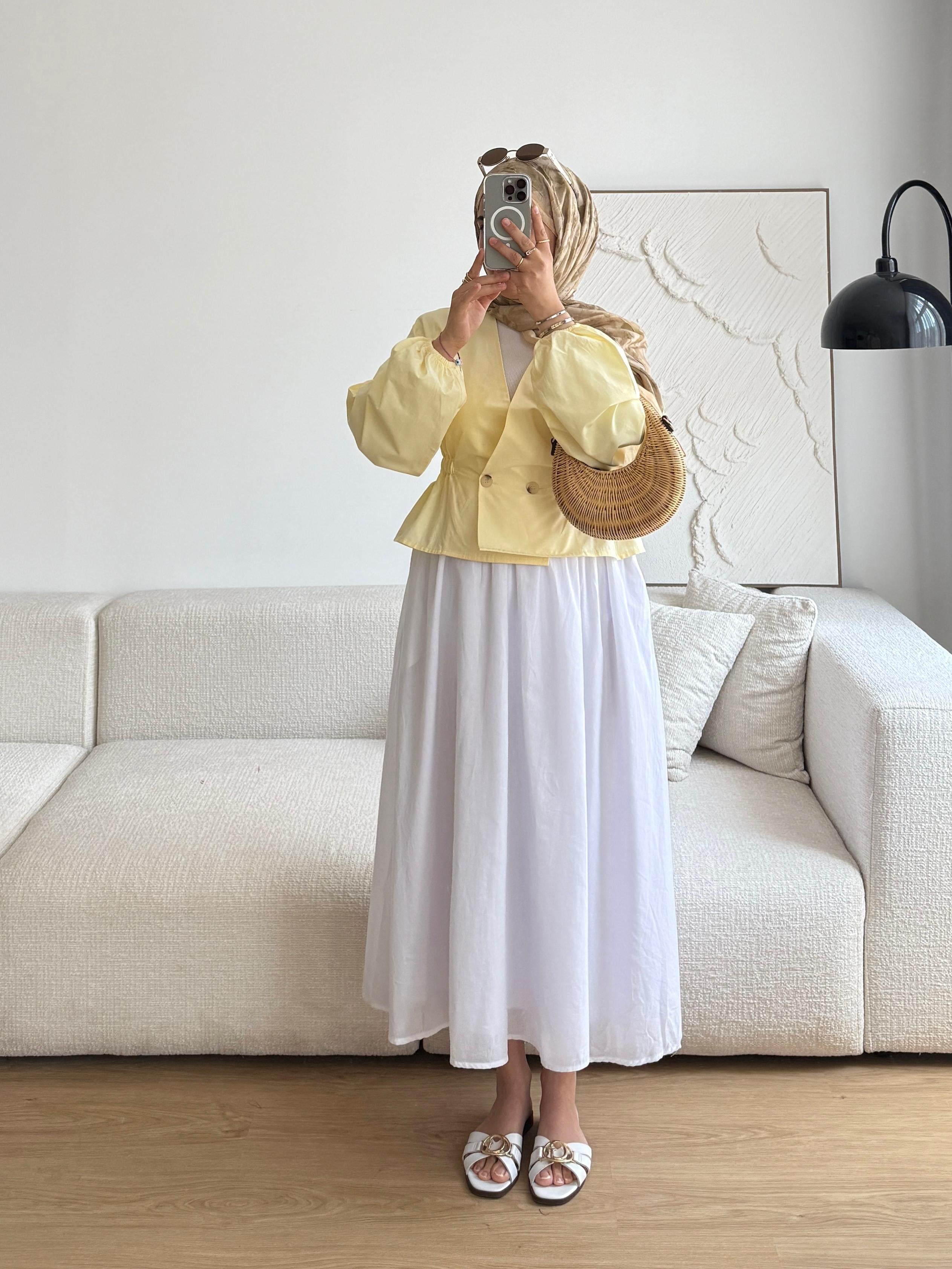 SOFT SARI POPLİN ÇİFT DÜĞMELİ KISA CEKET