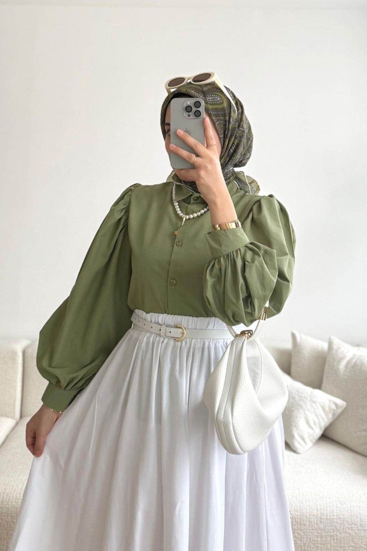 SOFT YEŞİL BALON KOL KISA GÖMLEK