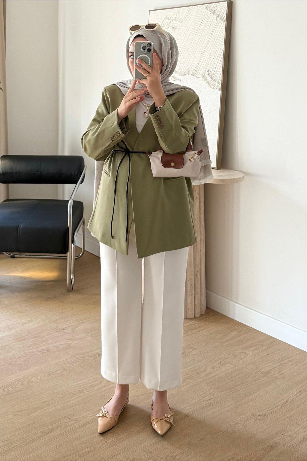 SOFT YEŞİL DERİ KUŞAKLI BLAZER CEKET