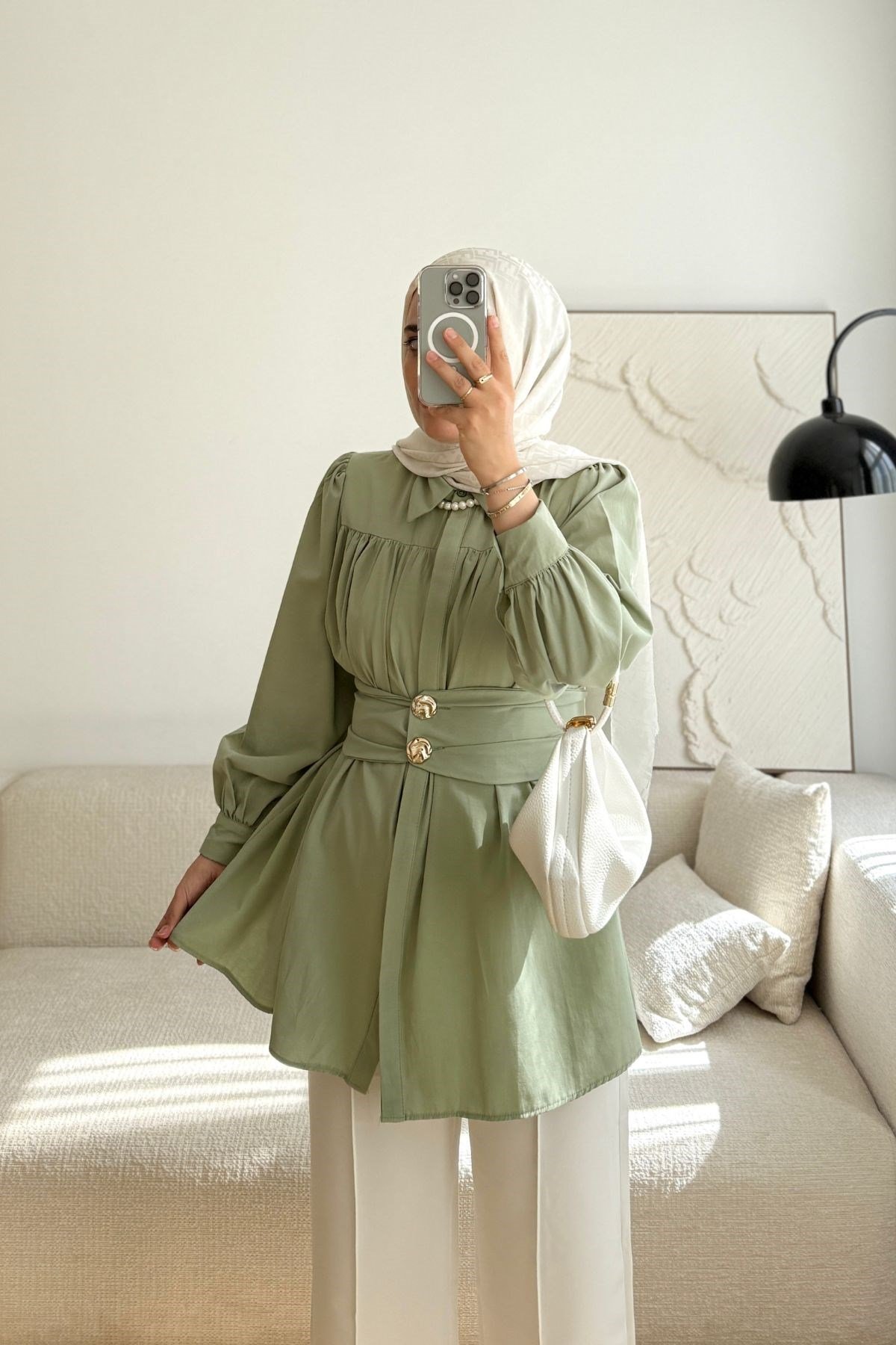 SOFT YEŞİL DÜĞME TASARIM KEMERLİ GÖMLEK