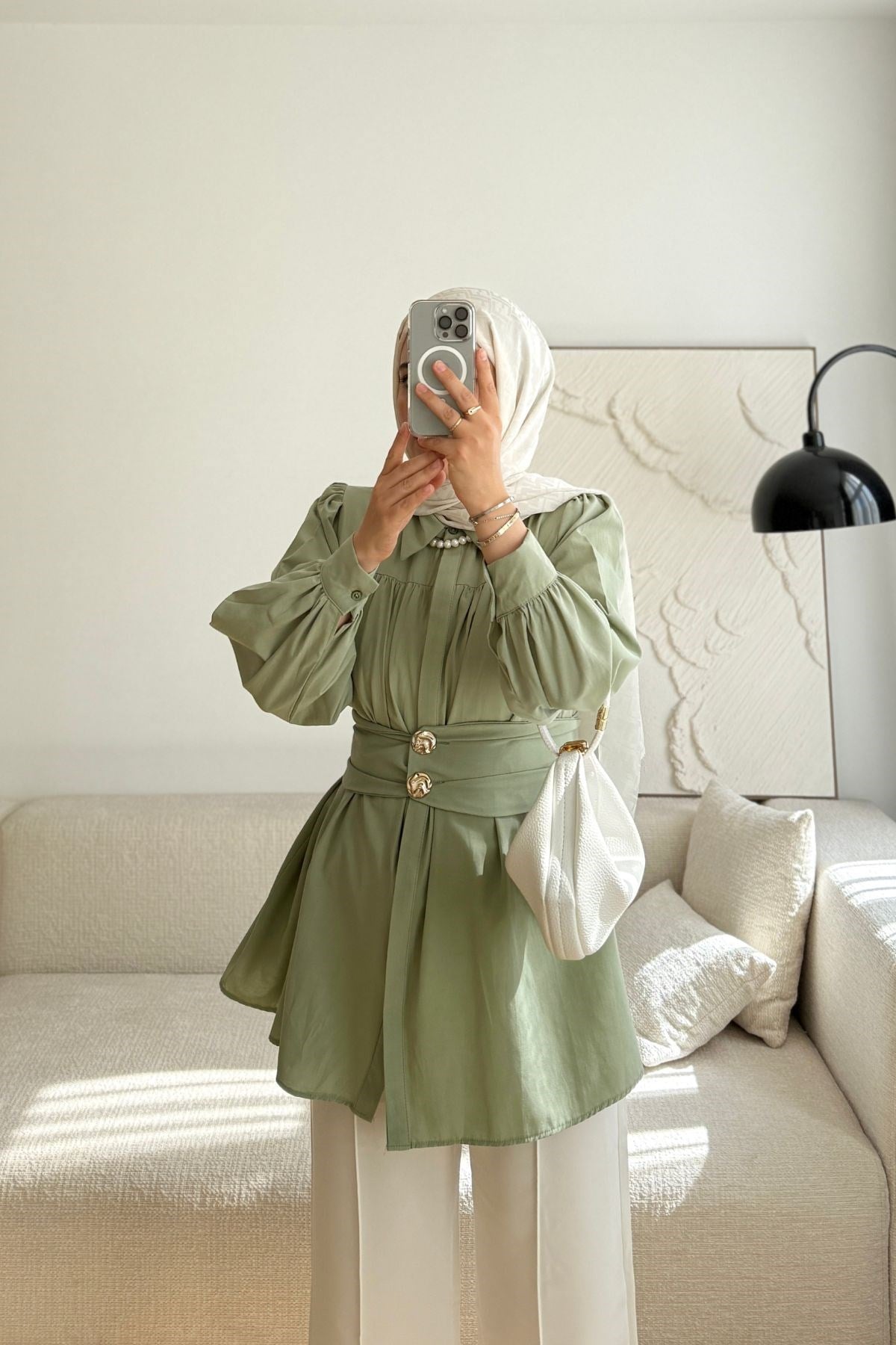 SOFT YEŞİL DÜĞME TASARIM KEMERLİ GÖMLEK