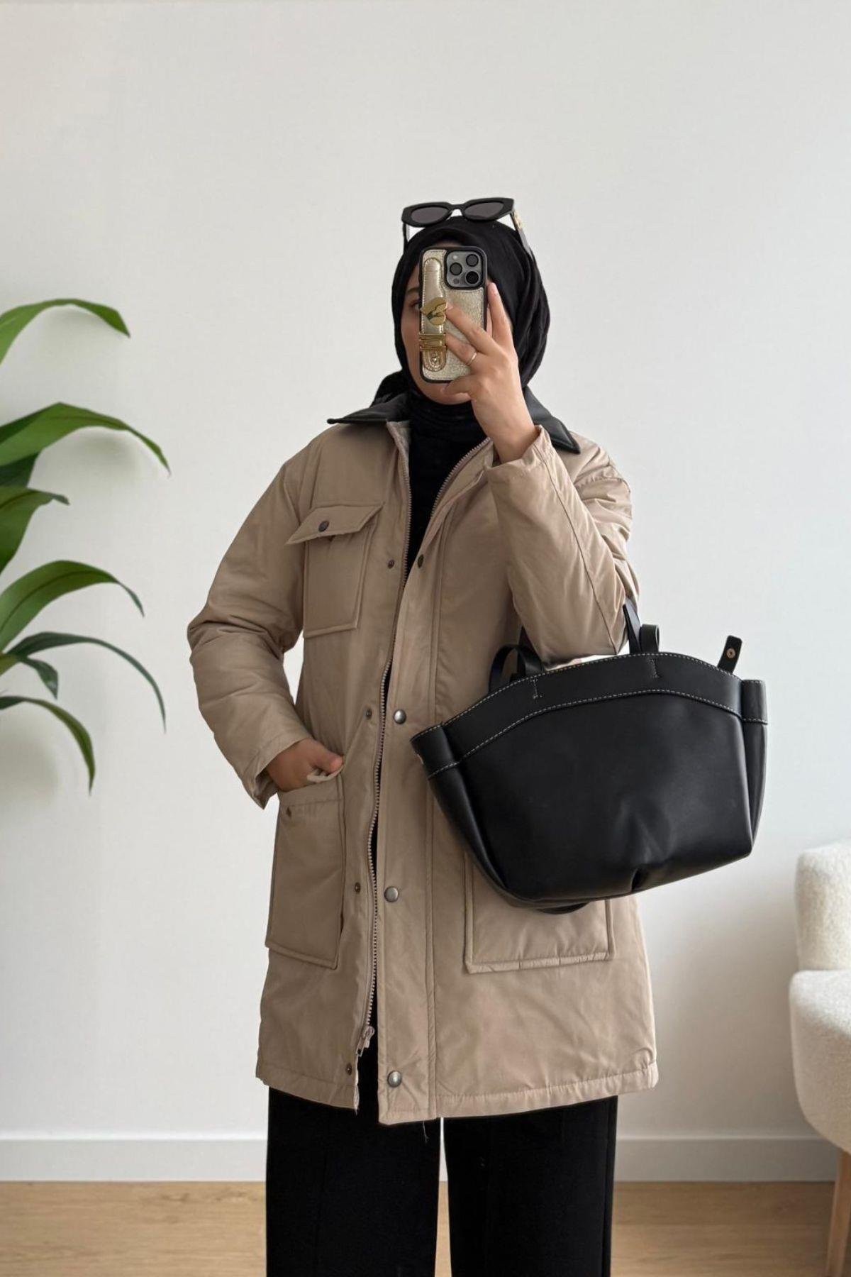 TAŞ YAKASI DERİ DETAYLI MONT