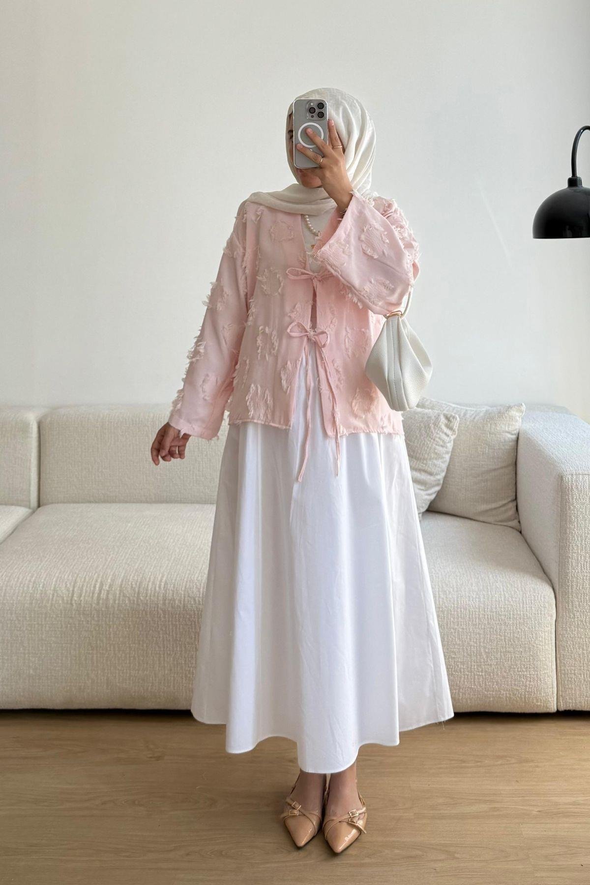 TOZ PEMBE İKİ BAĞCIKLI TASARIM KİMONO