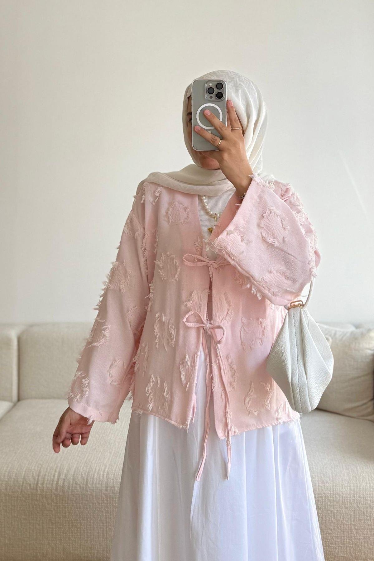 TOZ PEMBE İKİ BAĞCIKLI TASARIM KİMONO