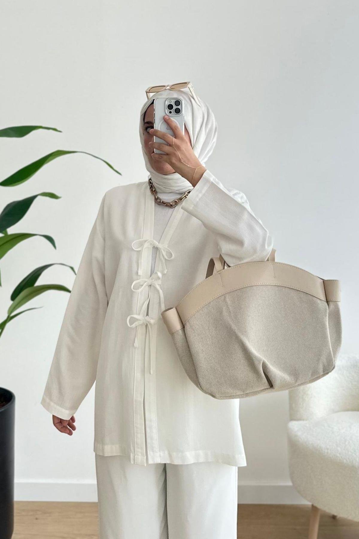 ÜÇ BAĞCIKLI EKRU NATUREL  KİMONO