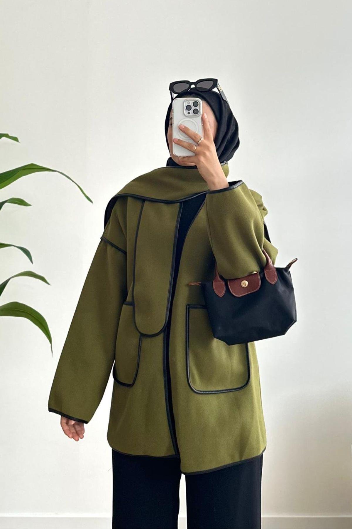 YAĞ YEŞİL  BİYELİ ATKI DETAYLI CEKET