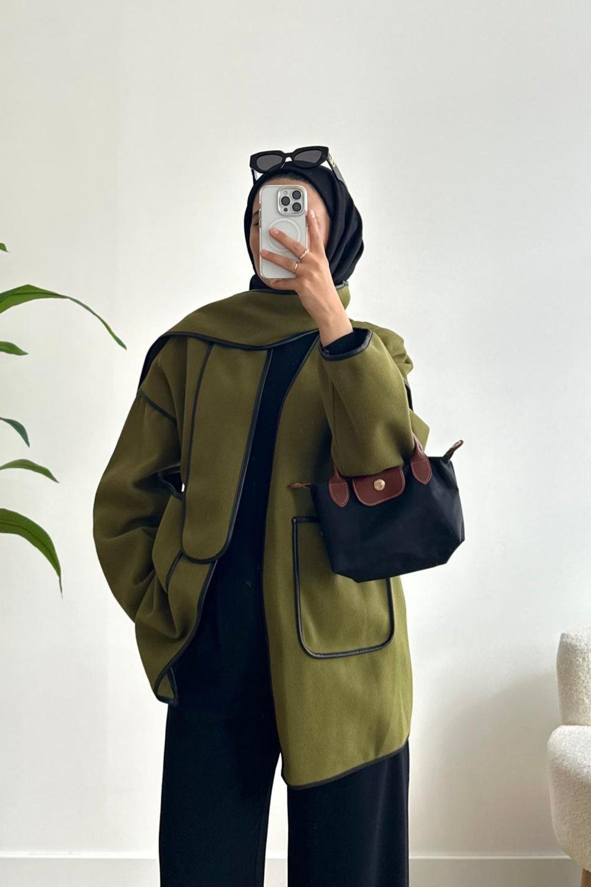 YAĞ YEŞİL  BİYELİ ATKI DETAYLI CEKET