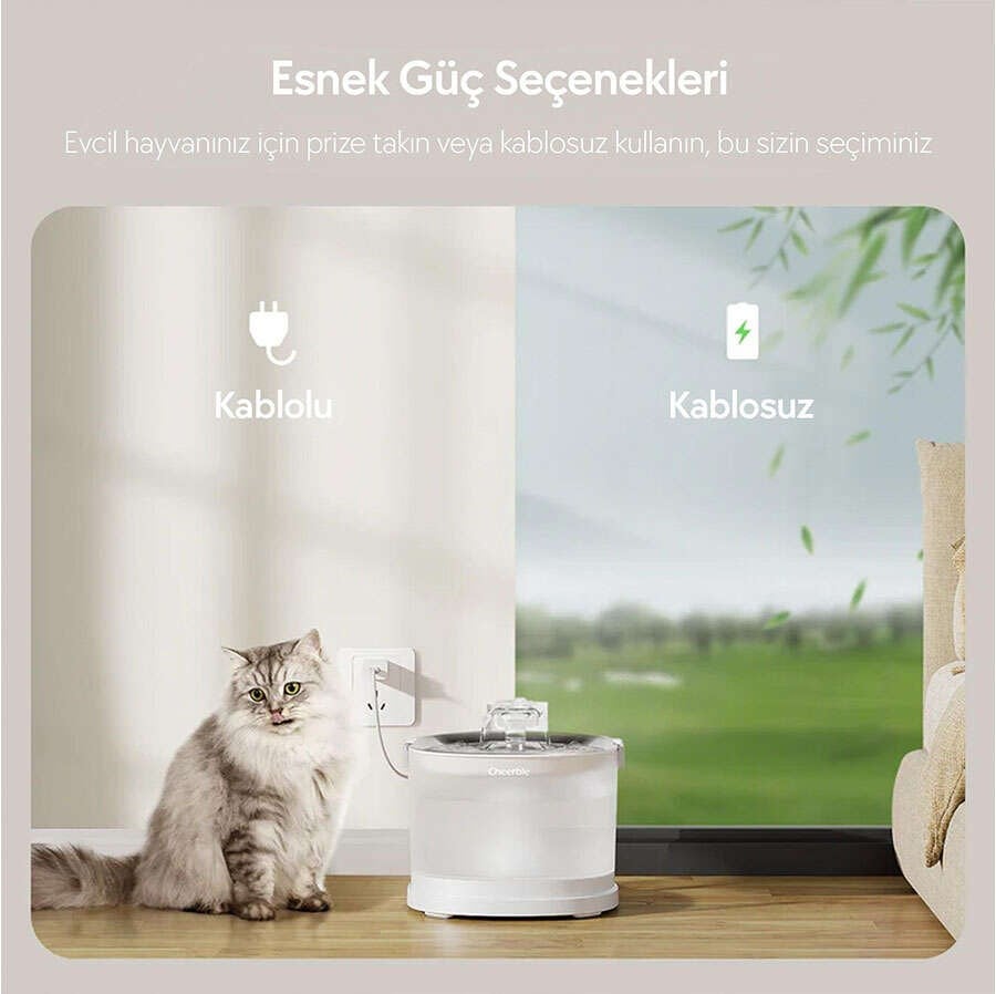 Cheerble E1+ Çelik Hazneli Şarjlı Otomotik Kedi Su Pınarı 22 X 20 X 18 (2lt)