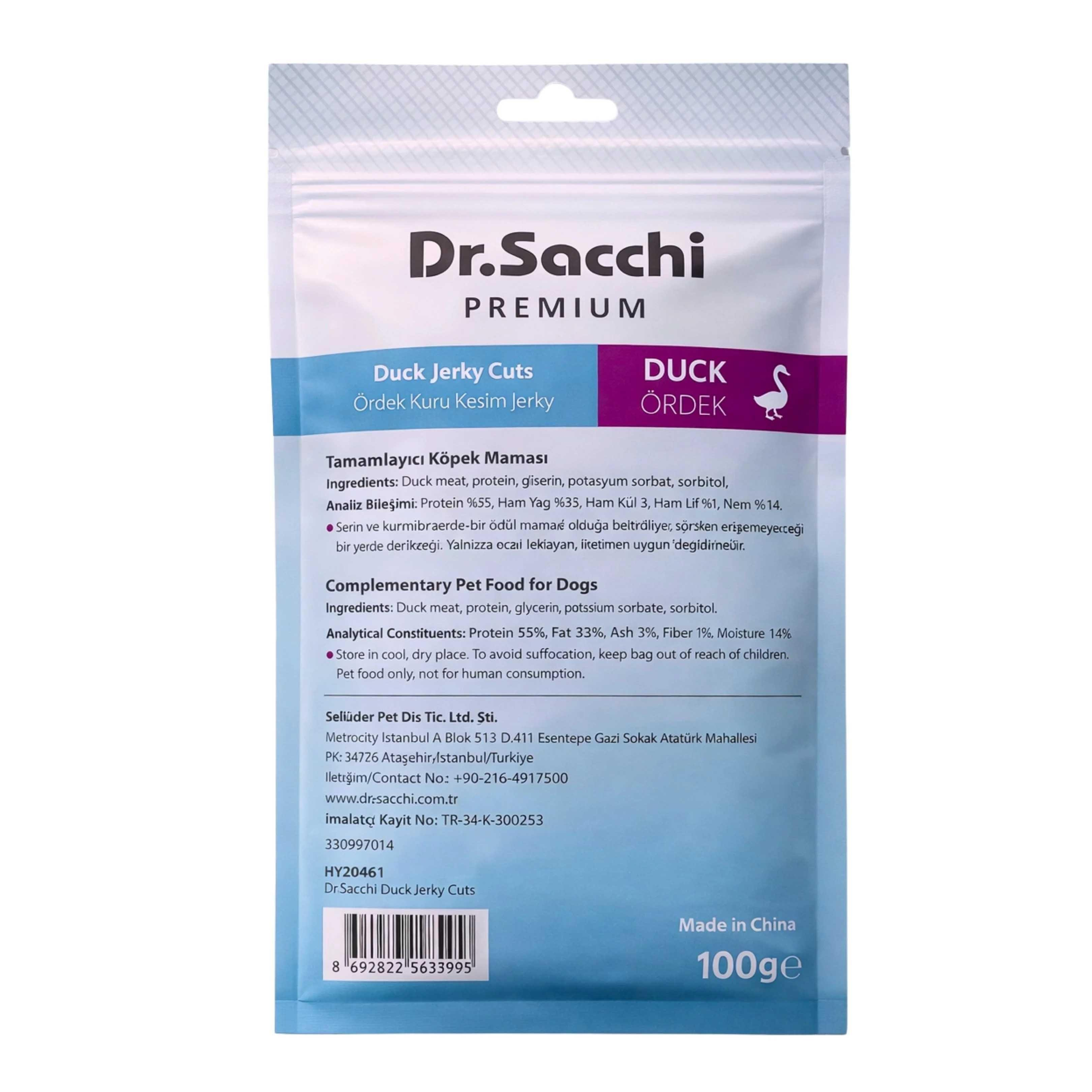 Dr.Sacchi Premium Ördek Kuru Kesim Jerky Tahılsız Köpek Ödülü 100 Gr