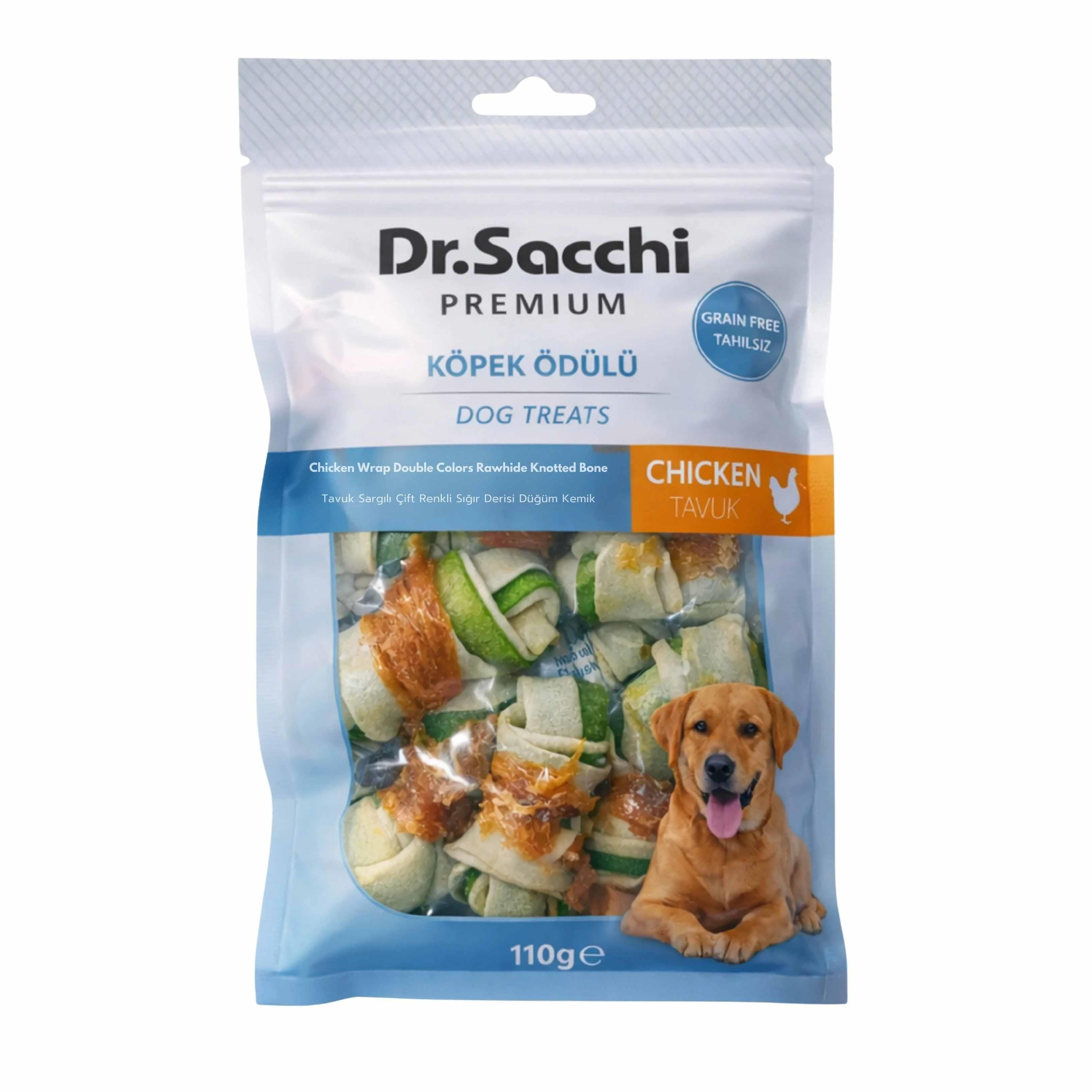 Dr.Sacchi Premium Tavuk Sargılı Çift Renkli Sığır Derisi Düğüm Kemik Tahılsız Köpek Ödülü 2“ 8'li 110 Gr