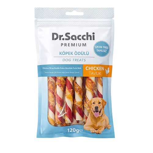 Dr.Sacchi Premium Tavuk Sargılı Çift Renkli Sığır Derisi Burgu Çubuk Tahılsız Köpek Ödülü 5'' 10'lu 120 Gr