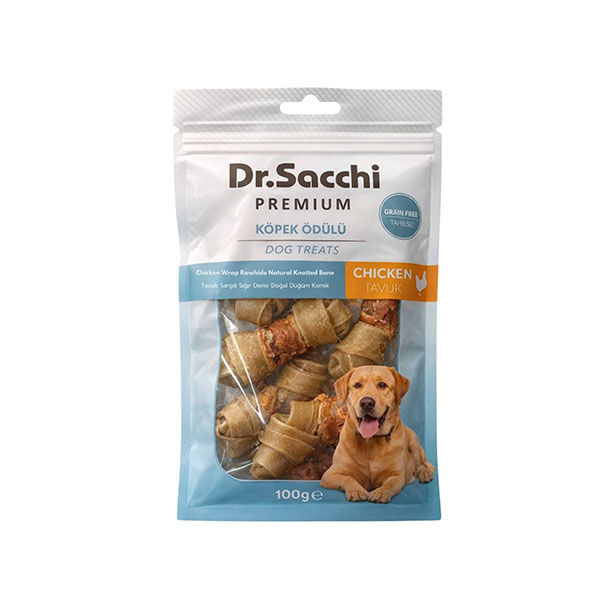 Dr.Sacchi Premium Tavuk Sargılı Sığır Derisi Doğal Düğüm Kemik Tahılsız Köpek Ödülü 2“ 8'li 100 Gr