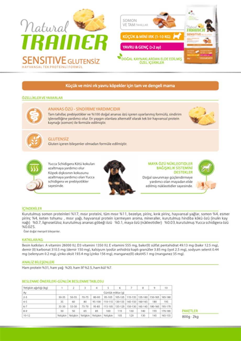 Natural Trainer Sensitive No Gluten Mini Puppy Salmon Somonlu Mini Irk Yavru Köpek Maması 2 Kg