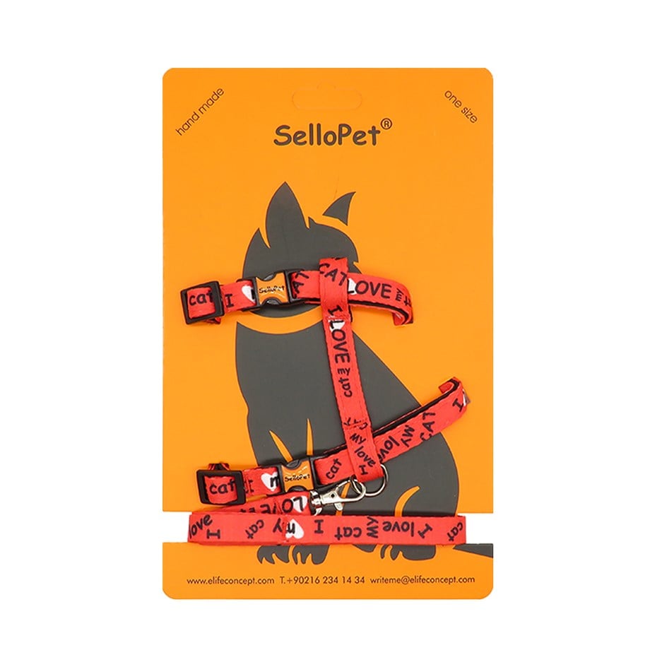 Sellopet Kedi Göğüs Tasması Gezdirme Seti Love Desenli