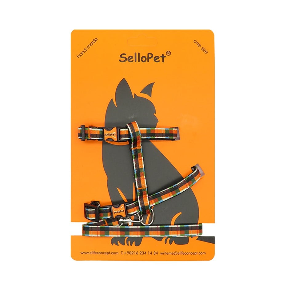 Sellopet Kedi Göğüs Tasması Gezdirme Seti Turuncu Ekose Desenli