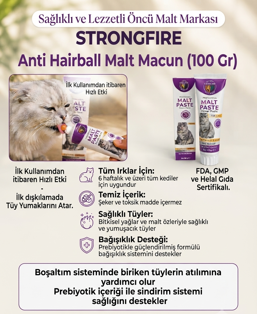 Strong Fire Anti Hairball Tüy Yumağı Önleyici Ve Sindirim Destekleyici Tüm Kediler Için Malt Paste Macun 100 gr
