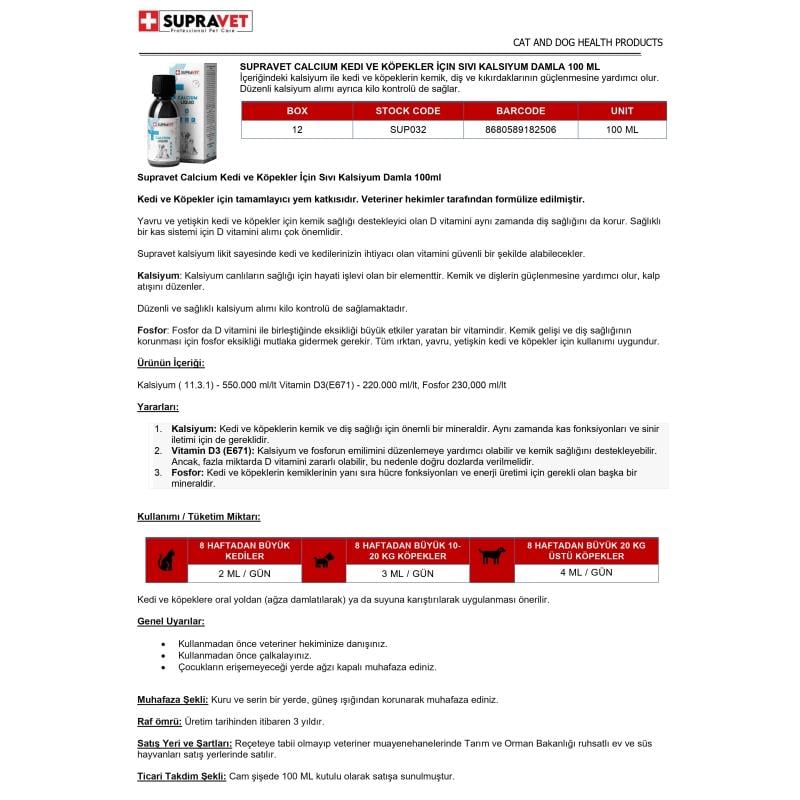 Supravet Calcium Kedi ve Köpekler İçin Sıvı Kalsiyum Damla 100ml