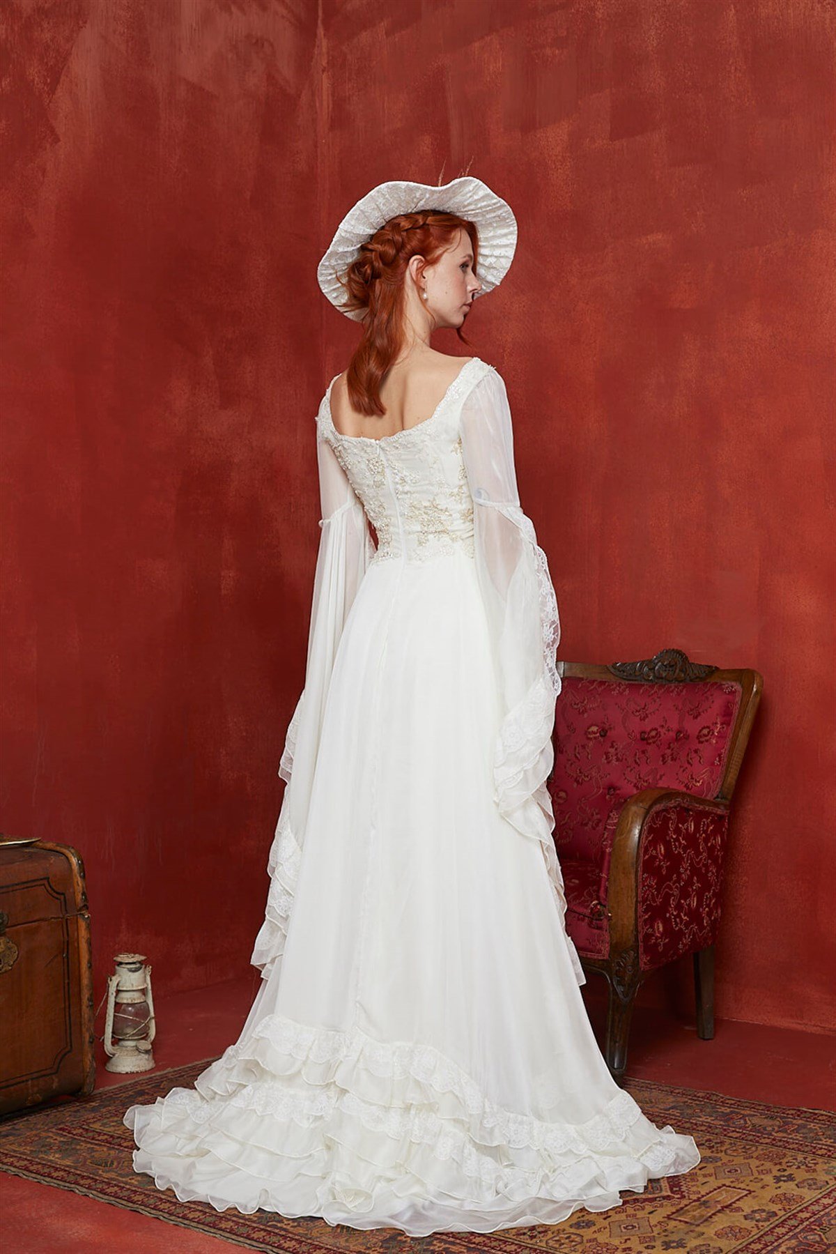 Krem Vintage Drape Detaylı Gelinlik