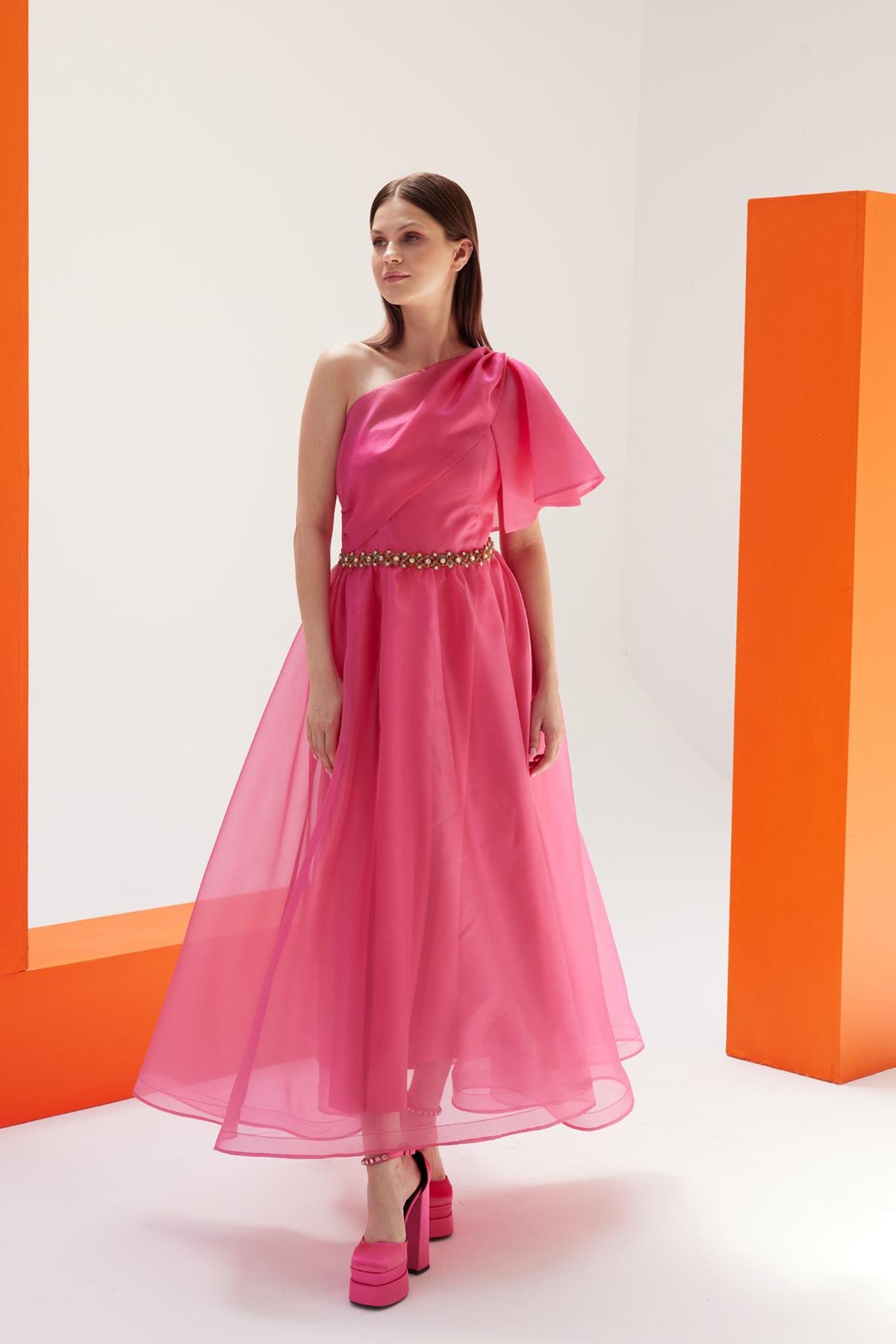 Pembe Organze Tek Omuz Detaylı ElbiseJAQAR