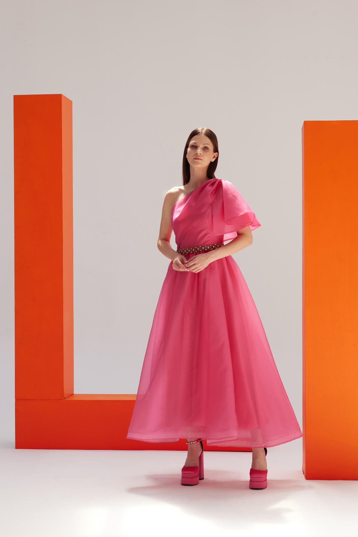 Pembe Organze Tek Omuz Detaylı ElbiseJAQAR