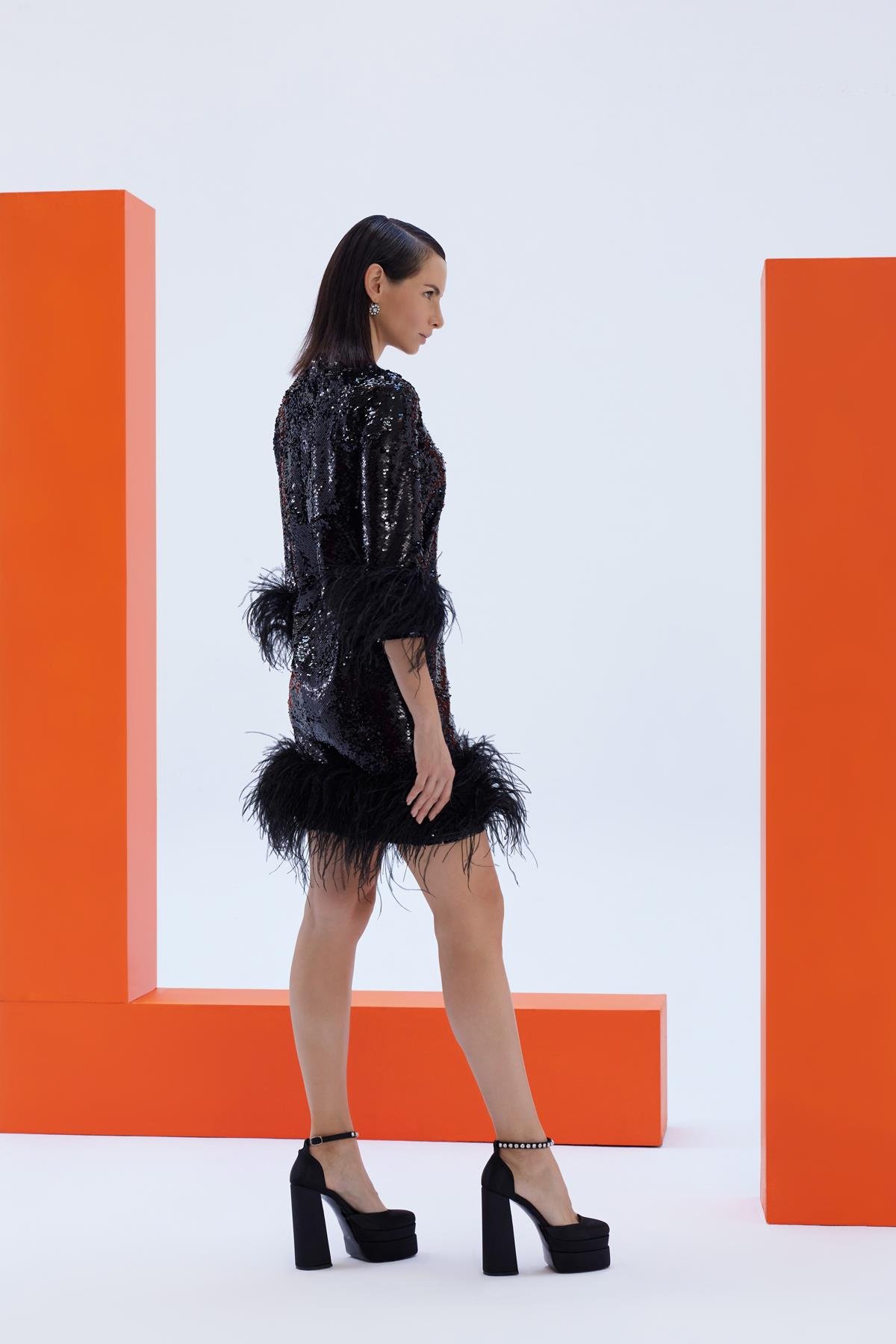 Feather Detailed Sequin Fabric Evening DressJAQAR
