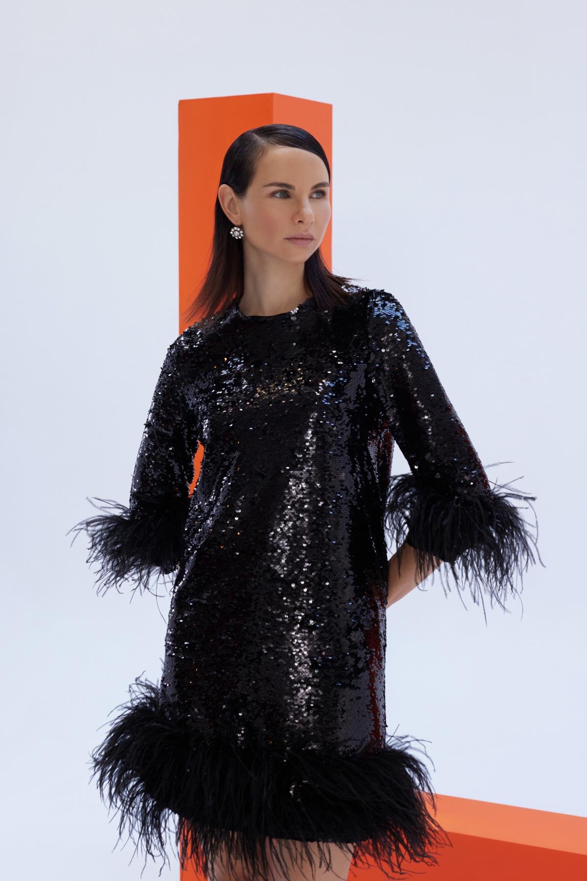 Feather Detailed Sequin Fabric Evening DressJAQAR
