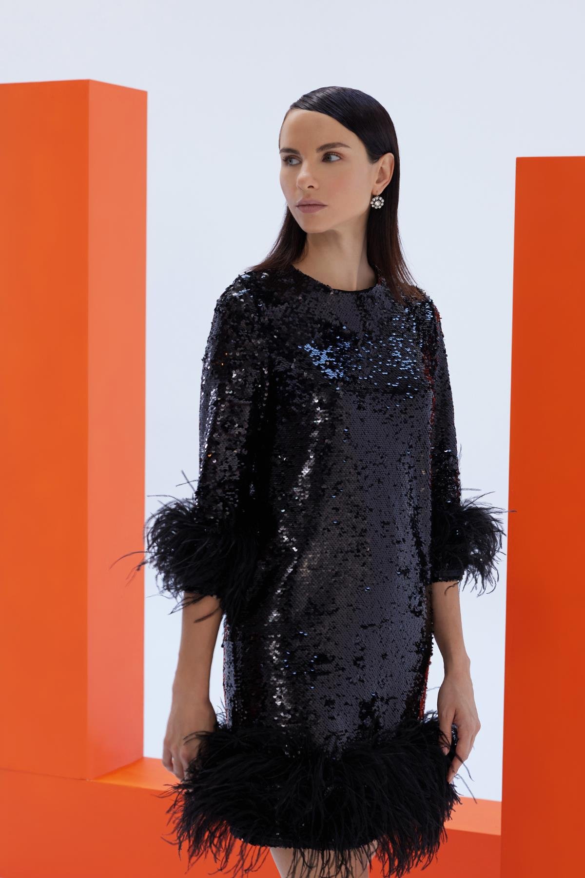 Feather Detailed Sequin Fabric Evening DressJAQAR