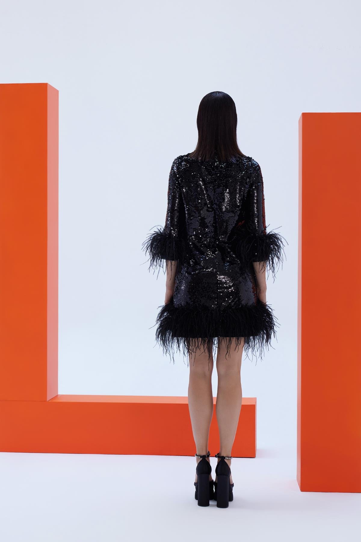Feather Detailed Sequin Fabric Evening DressJAQAR