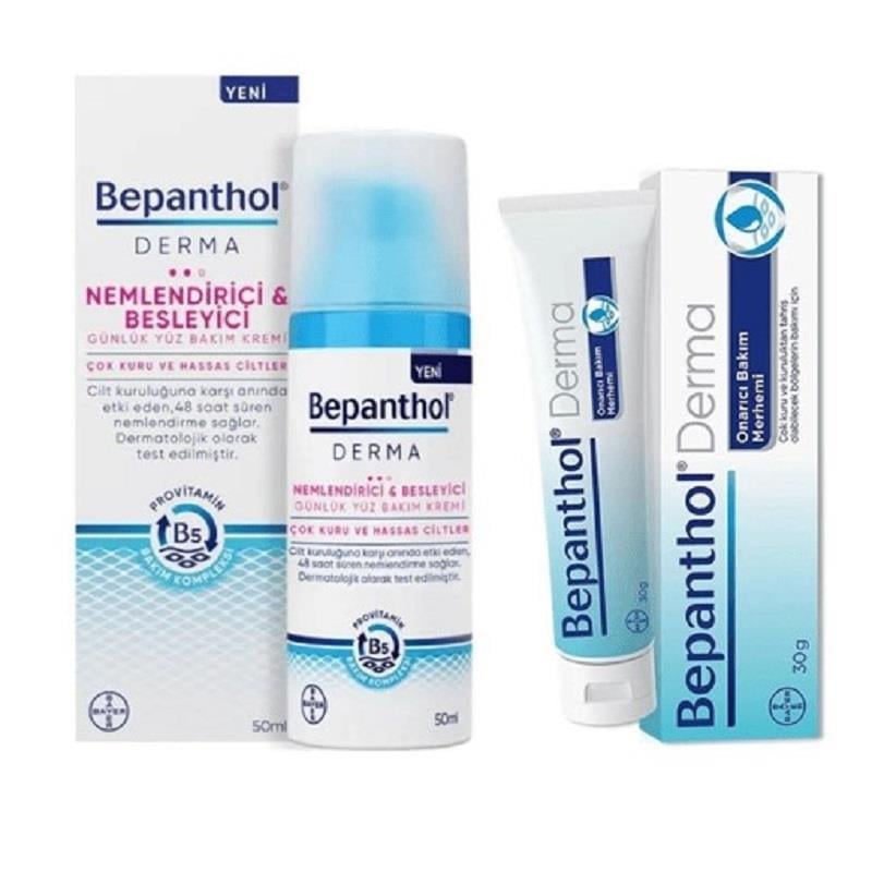 Bepanthol Bepanthol Derma Nemlendirici Besleyici Günlük Yüz Bakım Kremi Çok Kuru ve Hassas Ciltler 50 ml + Bepanthol Derma Cilt Bakım Kremi 30 gr