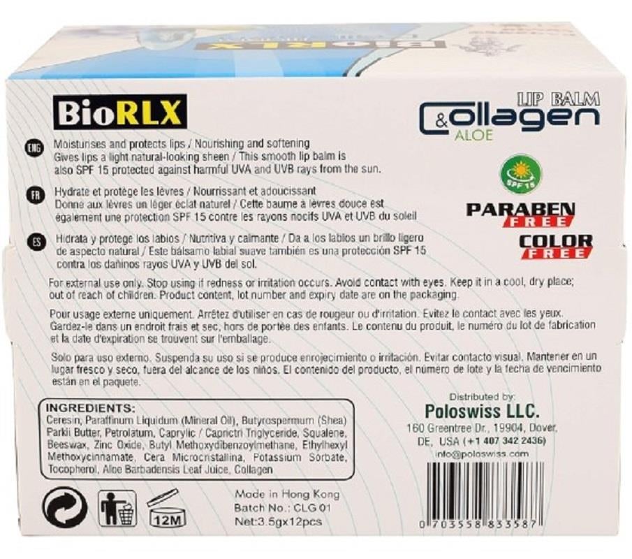 BioRLX BioRLX Collagen Aloe Vera Lip Balm Renksiz - 12'li Stant