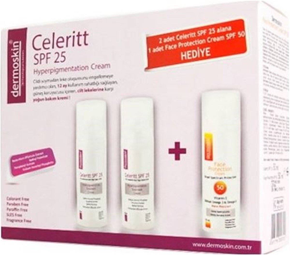 Dermoskin Celeritt SPF25 2 x 30 ml + Face Protection SPF50 Cream 50 ml Hediye