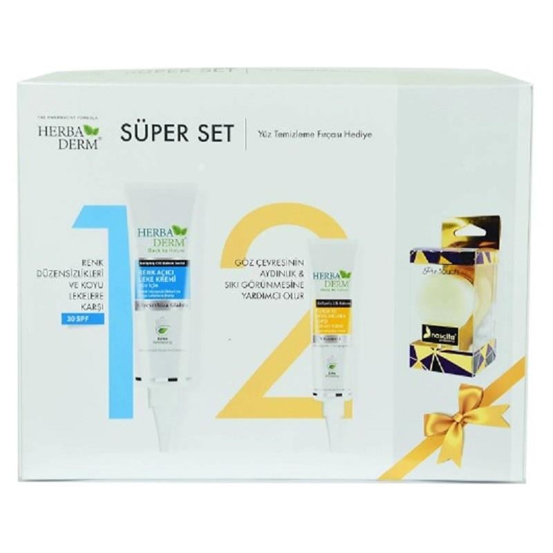 Herbaderm Herbaderm Süper Set - Renk Açıcı Leke Kremi 55 ml + Göz Altı Kremi 15 ml + Yüz Temizleme Fırçası Hediye
