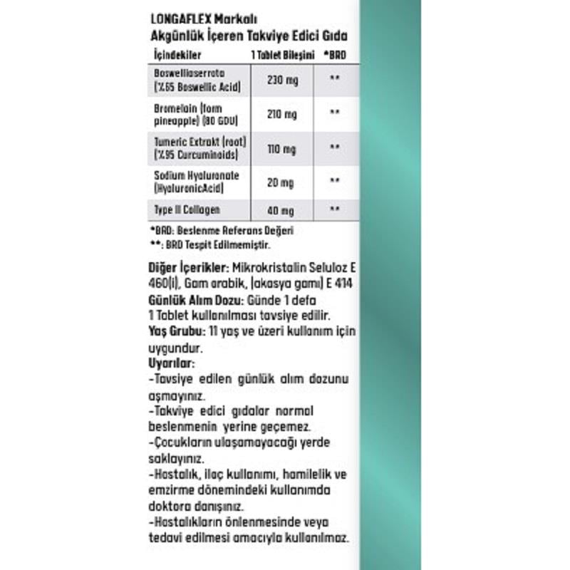 Kuazar İlaç Longaflex - Tip 2 Kolajen ve Hyalüronik Asit içeren Gıda Takviyesi 30 Tablet