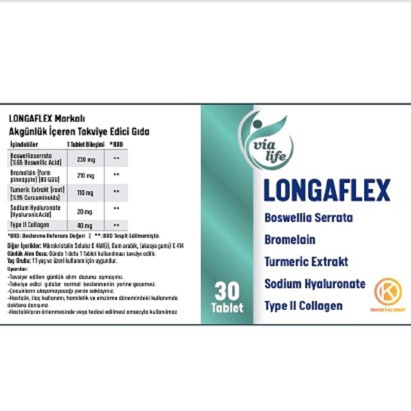 Kuazar İlaç Longaflex - Tip 2 Kolajen ve Hyalüronik Asit içeren Gıda Takviyesi 30 Tablet