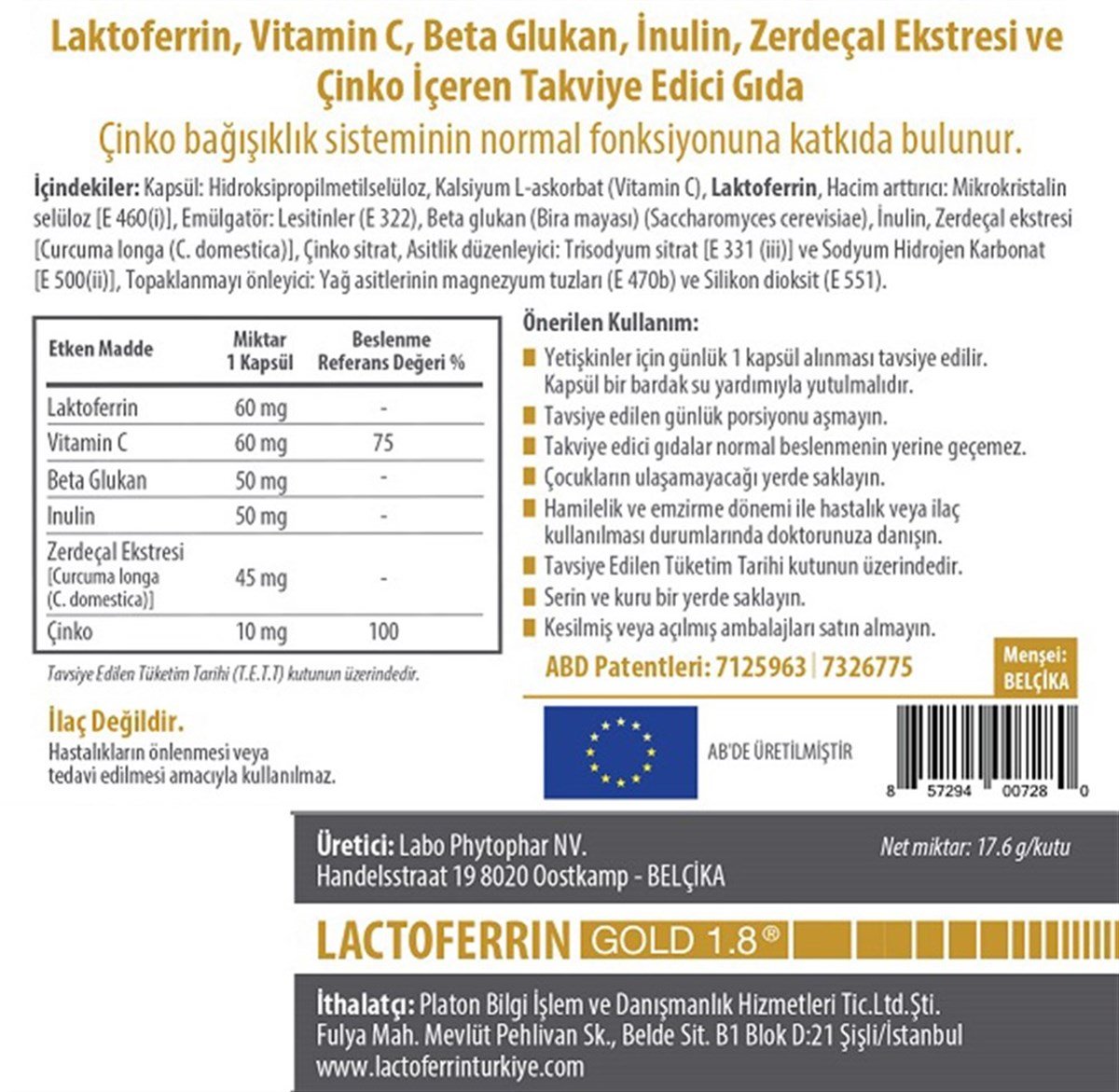 Lactoferrin Lactoferrin Gold 1.8 30 Kapsül
