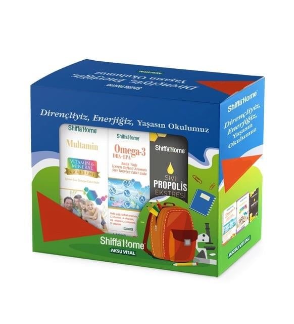 Shiffa Home Shiffa Home Okula Dönüş Seti - Omega-3 Balık Yağı Şeftali Aromalı 100 ml + Multamin Vitamin & Mineral Karışımı 100 ml + Aksu Vital Propolis Sprey 20 ml