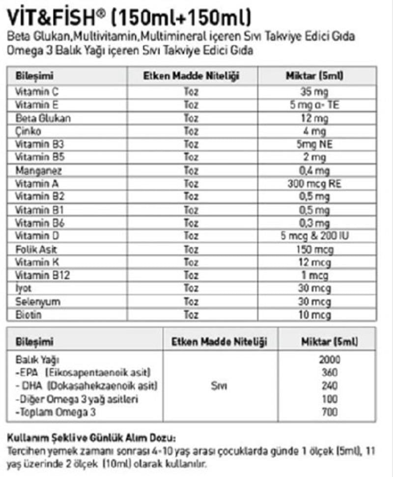 Vit&Fish Vit&Fish Omega 3 Balık Yağı 150 ml + Beta Glukan Multivitamin & Multimineral 150 ml