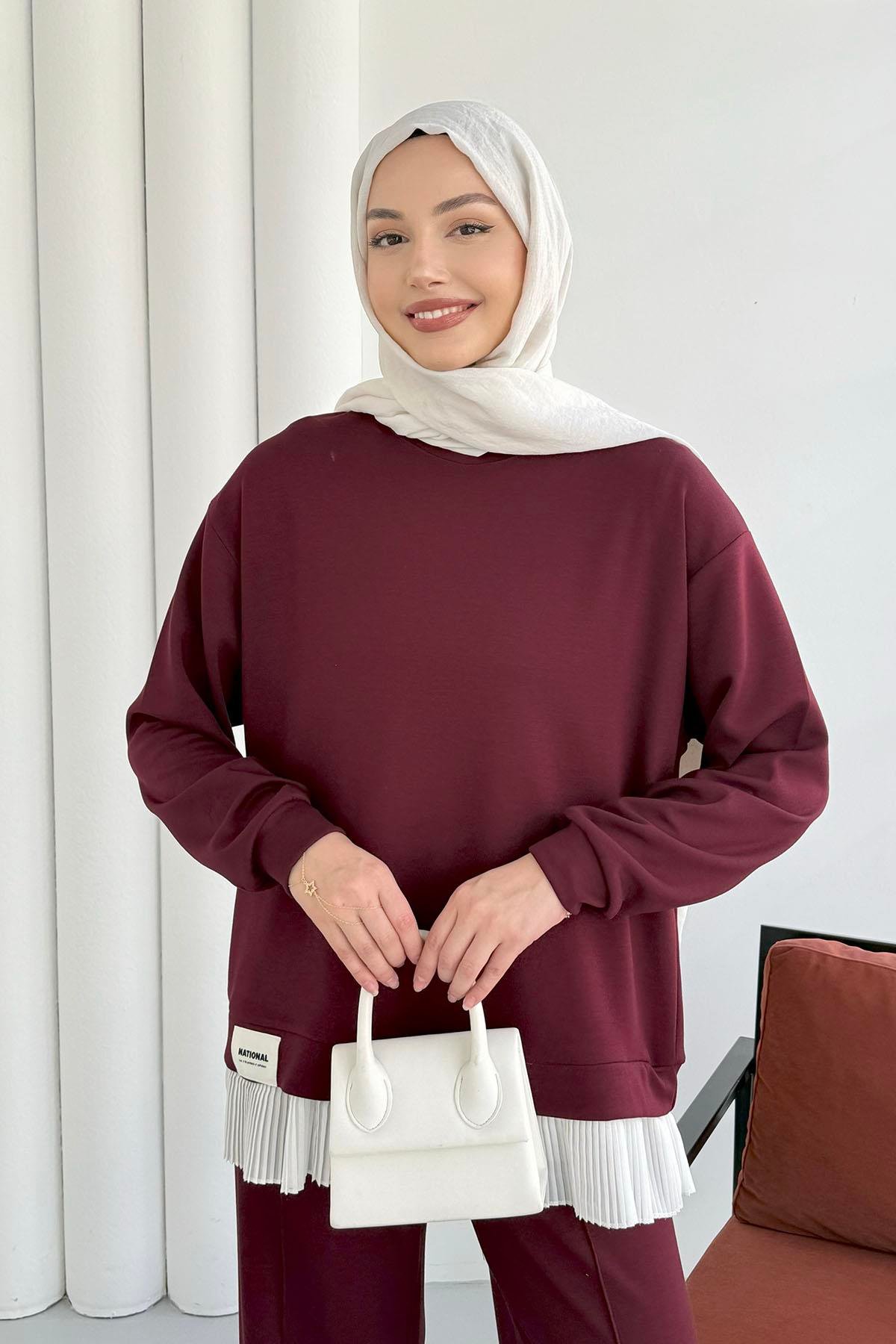 Altı Piliseli Oysho Kumaş Pantolonlu Tesettür Takım-BORDO