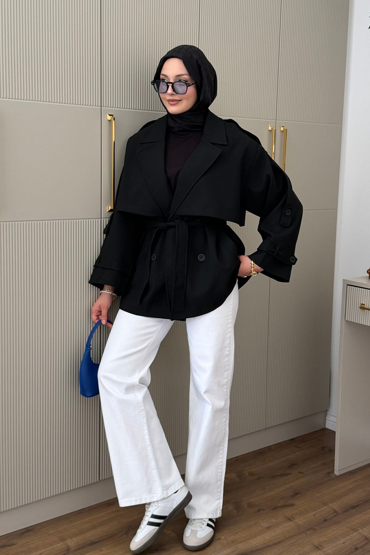 Apolet Detaylı Oversize Kısa Trençkot-SİYAH