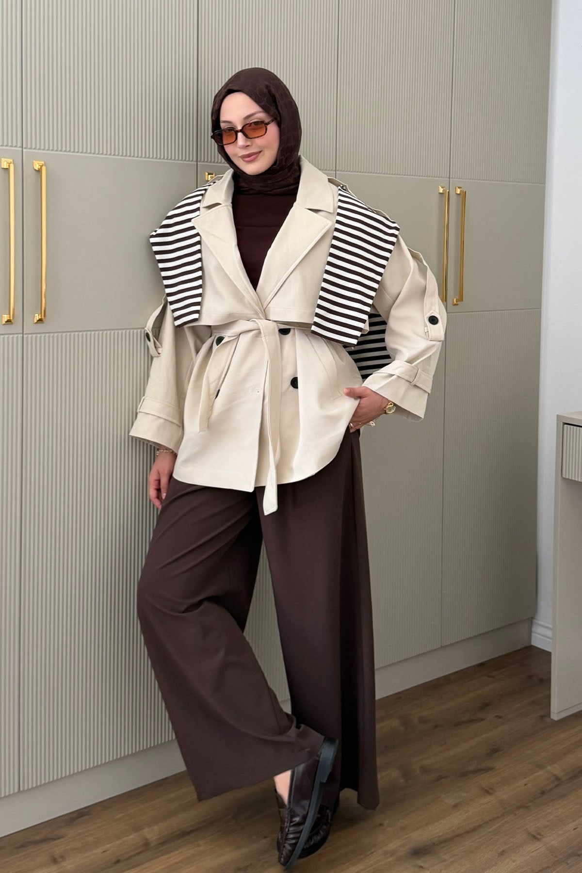 Apolet Detaylı Oversize Kısa Trençkot-TAŞ